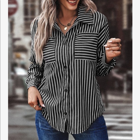 Classy Elegant Oversized Stripe Button Down Top Blouse Shirt - Picture 5 of 6